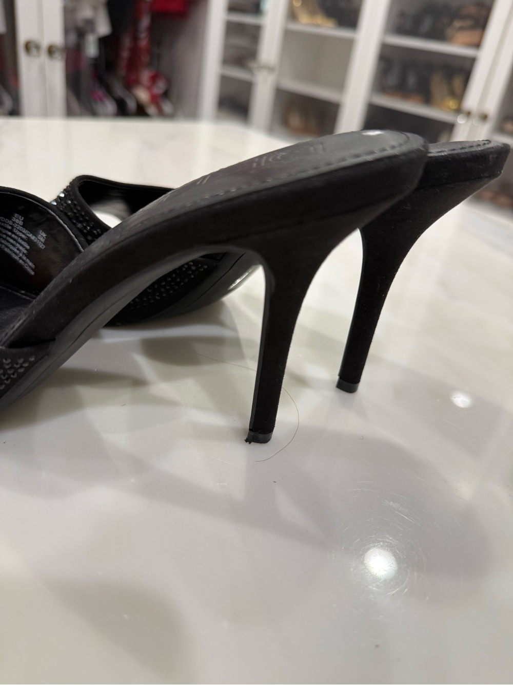 DKNY Black and Chrome Open Toe Sparkle Slip On Heels - Picture 3 of 5